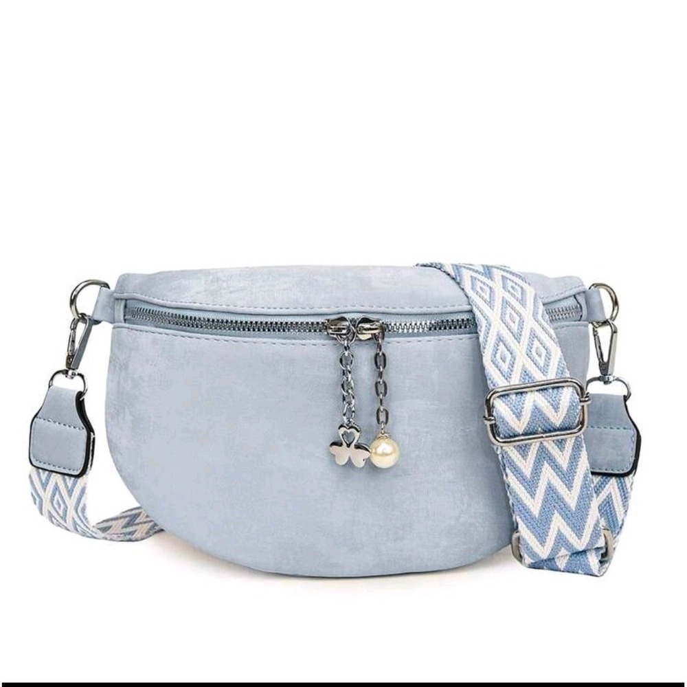 Light Blue Faux Suede Half Moon Crossbody Bag with Geometric Guitar Strap